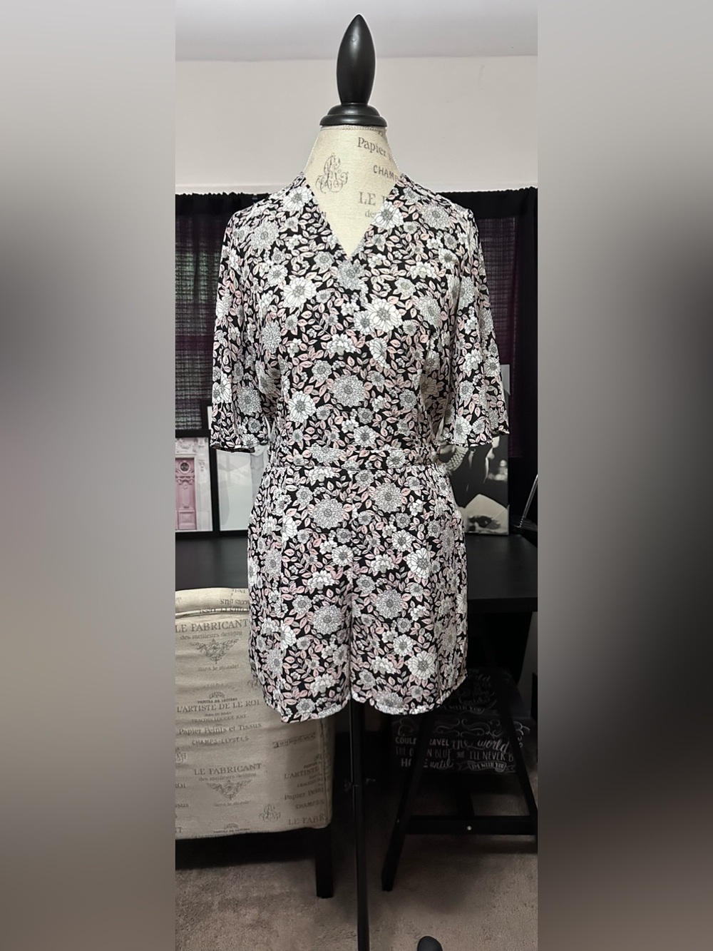 Dalia Black and Pale Pink Floral Romper